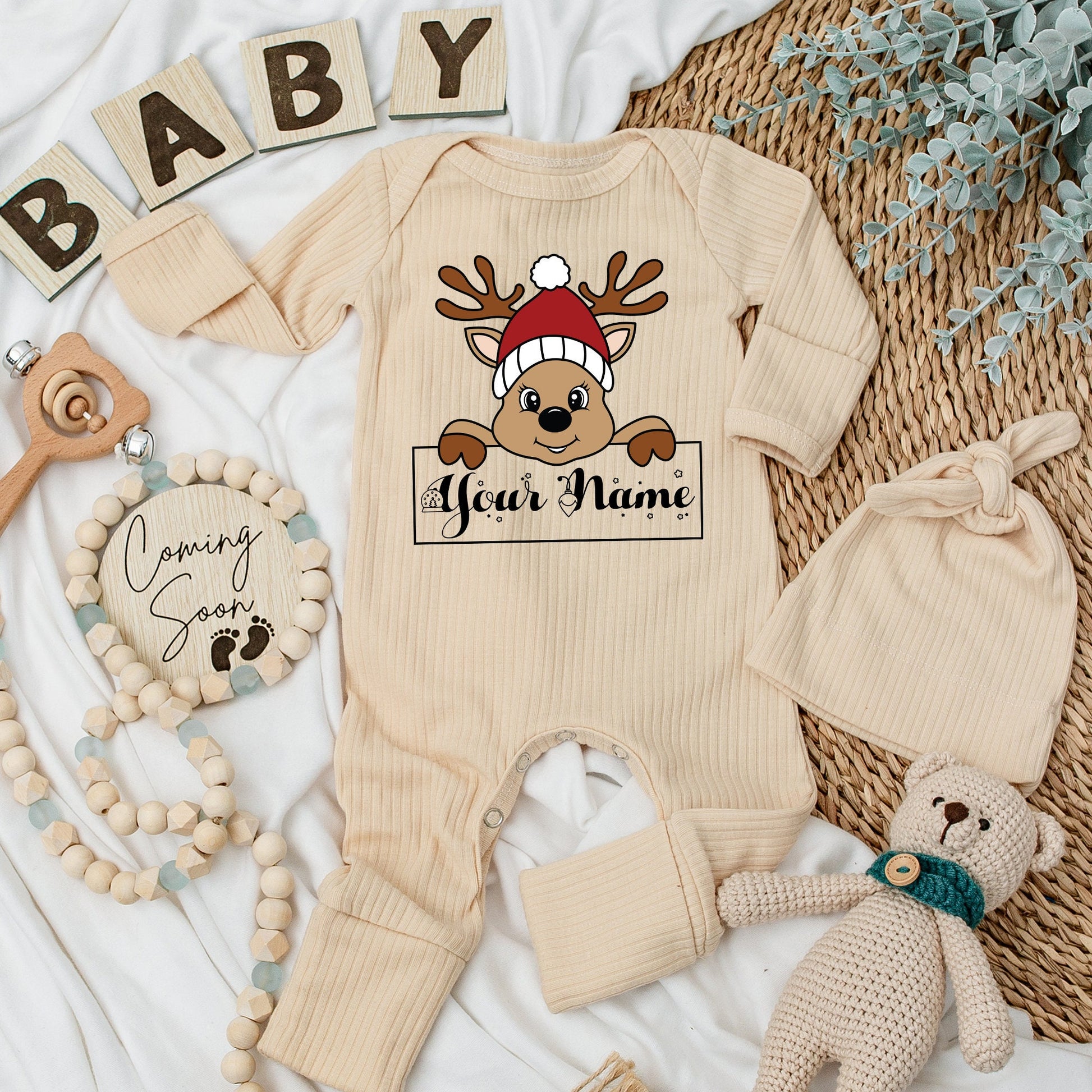 Personalized Boy Reindeer Christmas Outfit Cute Name Bodysuit and Hat Silky Soft Long Sleeve Romper Going Home Newborn Gift