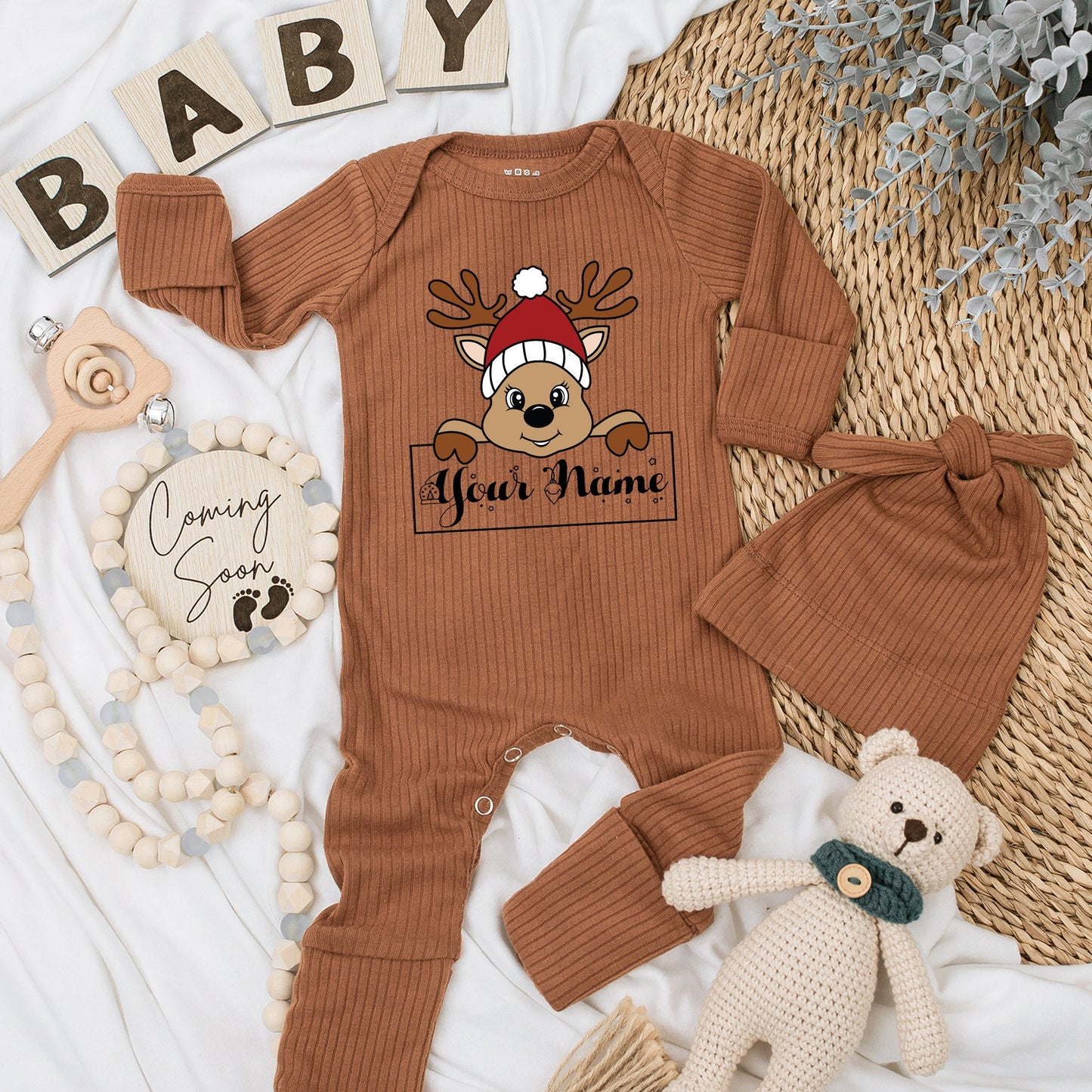 Personalized Boy Reindeer Christmas Outfit Cute Name Bodysuit and Hat Silky Soft Long Sleeve Romper Going Home Newborn Gift