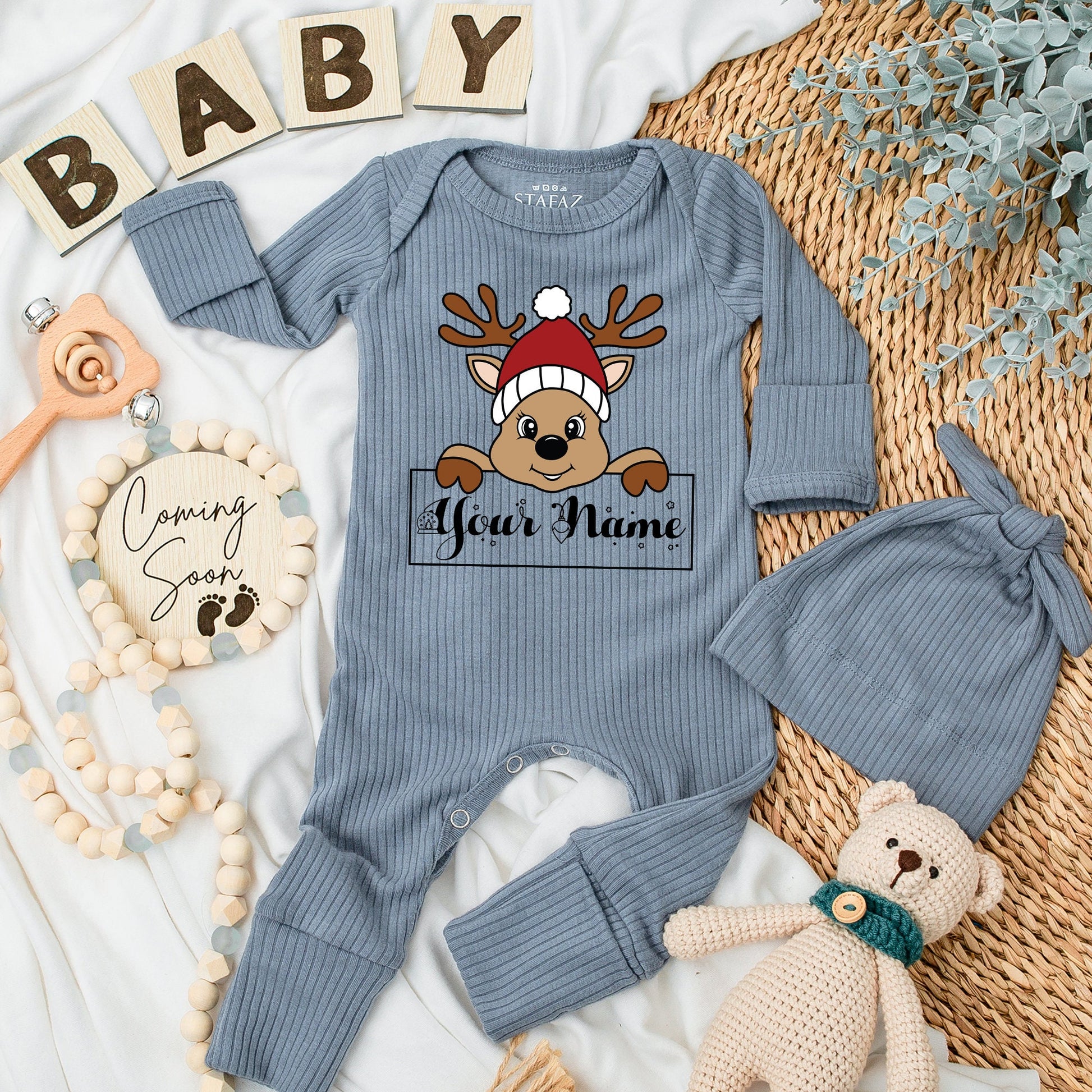 Personalized Boy Reindeer Christmas Outfit Cute Name Bodysuit and Hat Silky Soft Long Sleeve Romper Going Home Newborn Gift