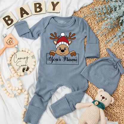 Personalized Boy Reindeer Christmas Outfit Cute Name Bodysuit and Hat Silky Soft Long Sleeve Romper Going Home Newborn Gift
