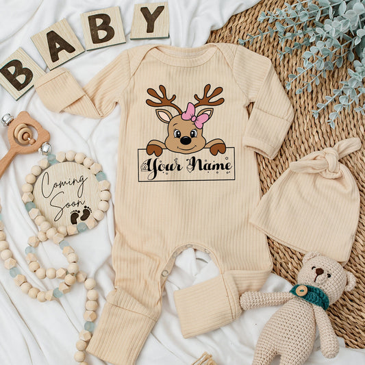Personalized Reindeer Baby Bodysuit & Hat Set Silky Soft Newborn Long Sleeve Going Home Outfit with Pink Bow Whimsical Christmas Gift