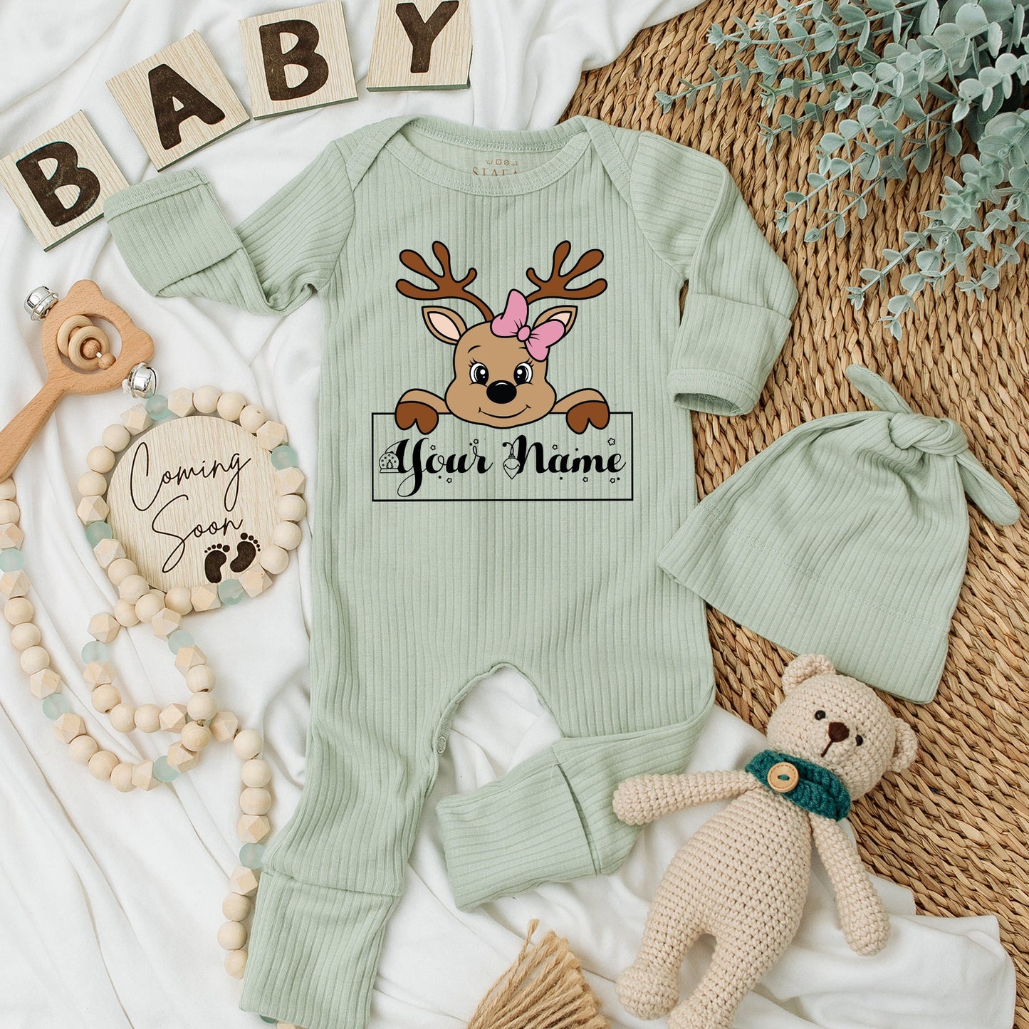 Personalized Reindeer Baby Bodysuit & Hat Set Silky Soft Newborn Long Sleeve Going Home Outfit with Pink Bow Whimsical Christmas Gift