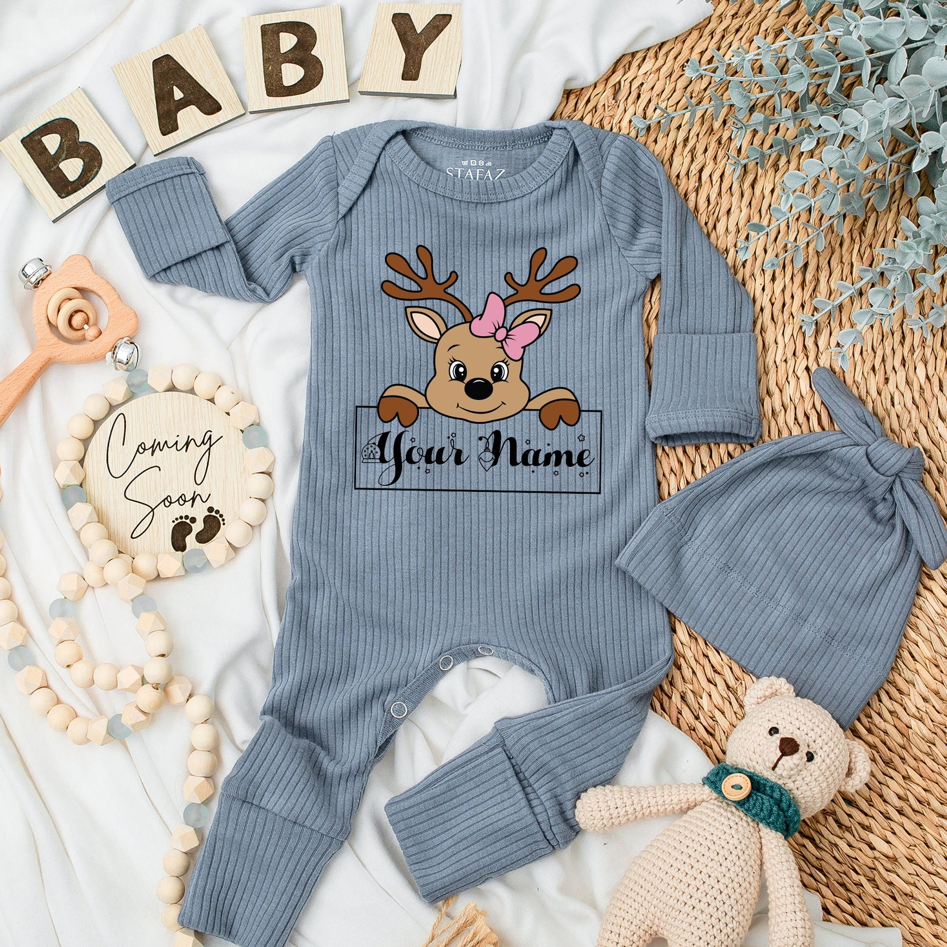 Personalized Reindeer Baby Bodysuit & Hat Set Silky Soft Newborn Long Sleeve Going Home Outfit with Pink Bow Whimsical Christmas Gift