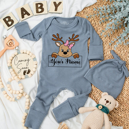 Personalized Reindeer Baby Bodysuit & Hat Set Silky Soft Newborn Long Sleeve Going Home Outfit with Pink Bow Whimsical Christmas Gift
