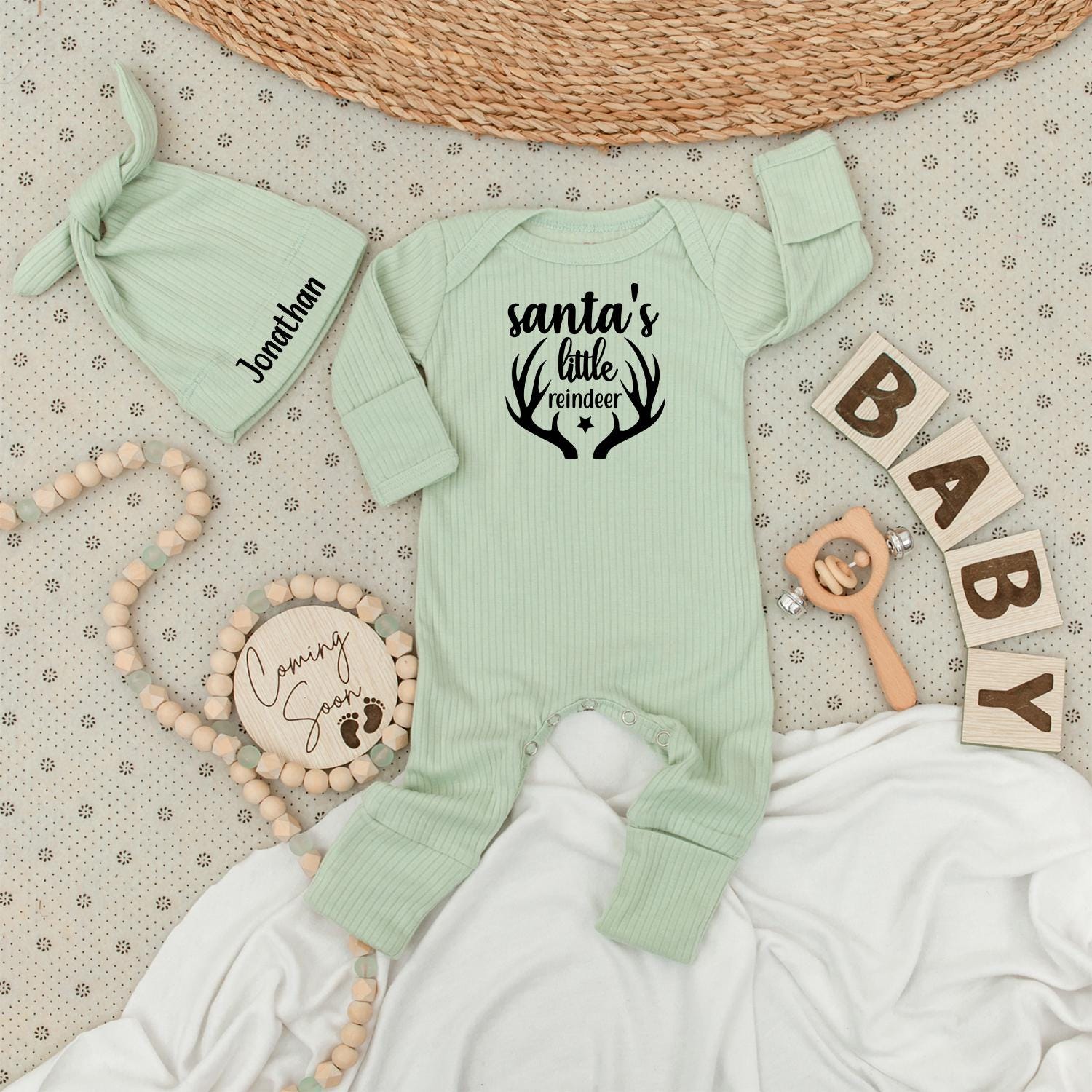 Santa's Little Reindeer Baby Bodysuit & Hat Set Cute 1st Xmas Outfit Personalized Name Romper Unisex Baby Gift Coming Soon