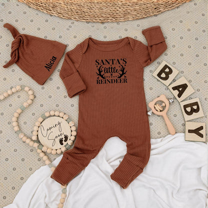 Santa's Little Reindeer Baby Bodysuit and Hat Set Personalized Name Outfit Cute 1st Xmas New Baby Unisex Gift Coming Soon Festive Holiday