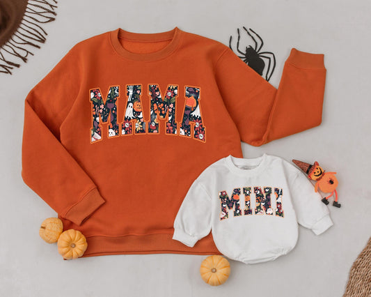 Retro Halloween Mama Mini Sweatshirt Matching Family Outfit Cute Ghost Pumpkin Design Orange Black Purple White Vintage Vibe
