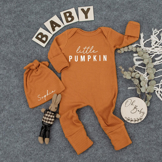 Little Pumpkin Baby Bodysuit & Hat Set - Newborn Outfit, Baby Shower Gift, Custom Name, Fall Announcement, Cute Girl
