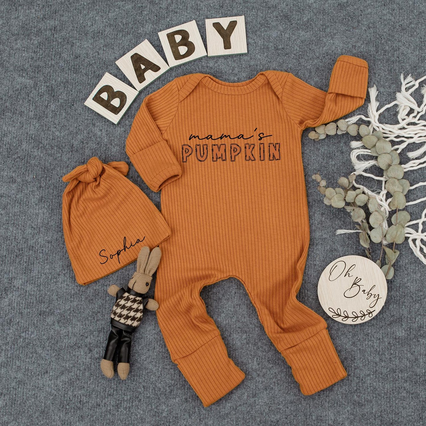 Mama's Pumpkin Baby Bodysuit & Hat Set, Personalized Sophia Newborn Outfit, Fall Announcement, Baby Shower Gift, Thanksgiving Bodysuit, Cute Pumpkin Romper (138 chars)