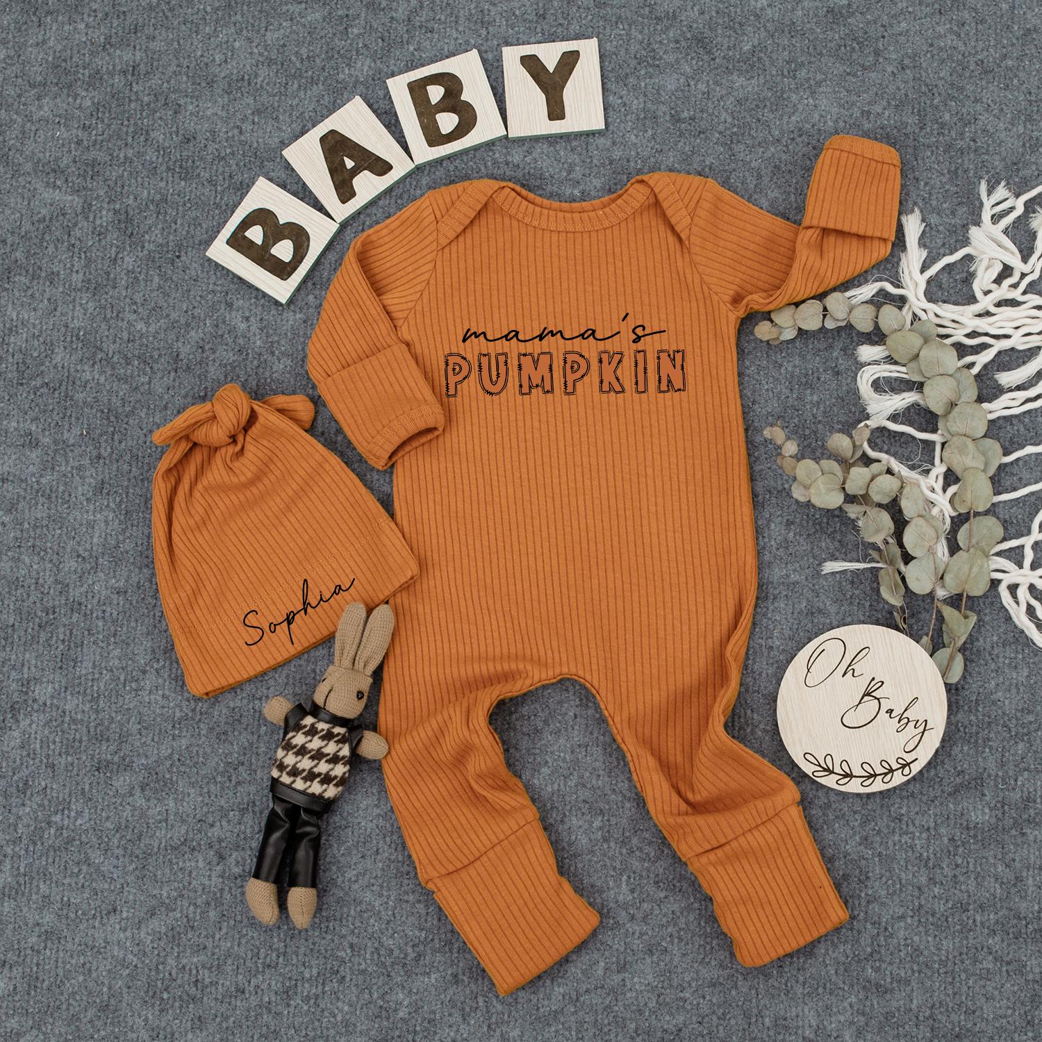 Mama's Pumpkin Baby Bodysuit & Hat Set, Personalized Sophia Newborn Outfit, Fall Announcement, Baby Shower Gift, Thanksgiving Bodysuit, Cute Pumpkin Romper (138 chars)