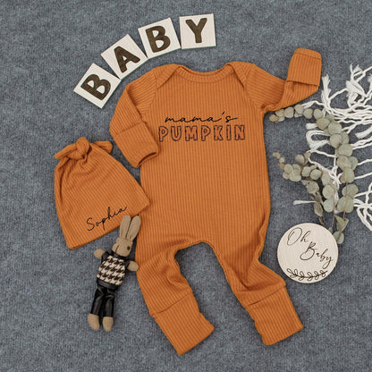 Mama's Pumpkin Baby Bodysuit & Hat Set, Personalized Sophia Newborn Outfit, Fall Announcement, Baby Shower Gift, Thanksgiving Bodysuit, Cute Pumpkin Romper (138 chars)