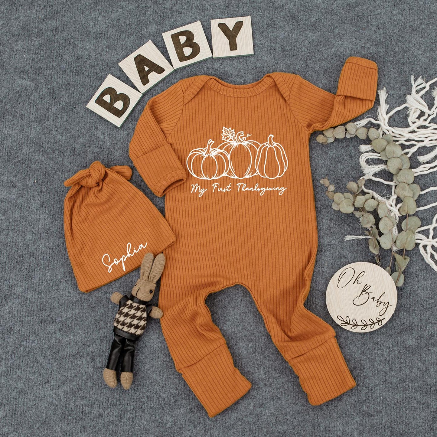 My First Thanksgiving Baby Bodysuit and Hat Set with Three White Pumpkins and Leaves for Newborns and Baby Showers, Long Sleeve