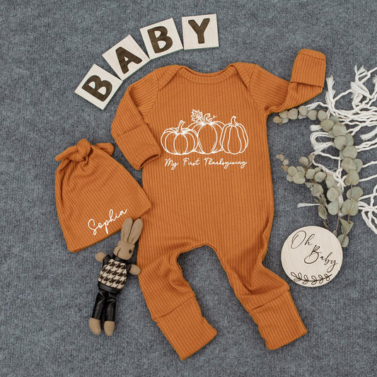 My First Thanksgiving Baby Bodysuit and Hat Set with Three White Pumpkins and Leaves for Newborns and Baby Showers, Long Sleeve