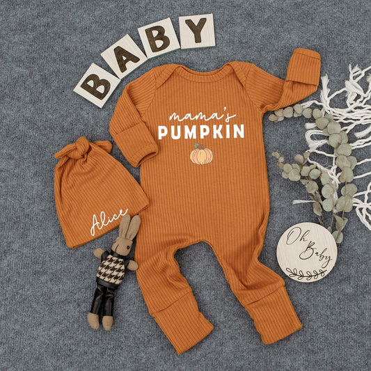 Mama's Pumpkin Baby Bodysuit & Alice Hat Set Newborn Fall Outfit Baby Shower Gift Coming Home Long Sleeve