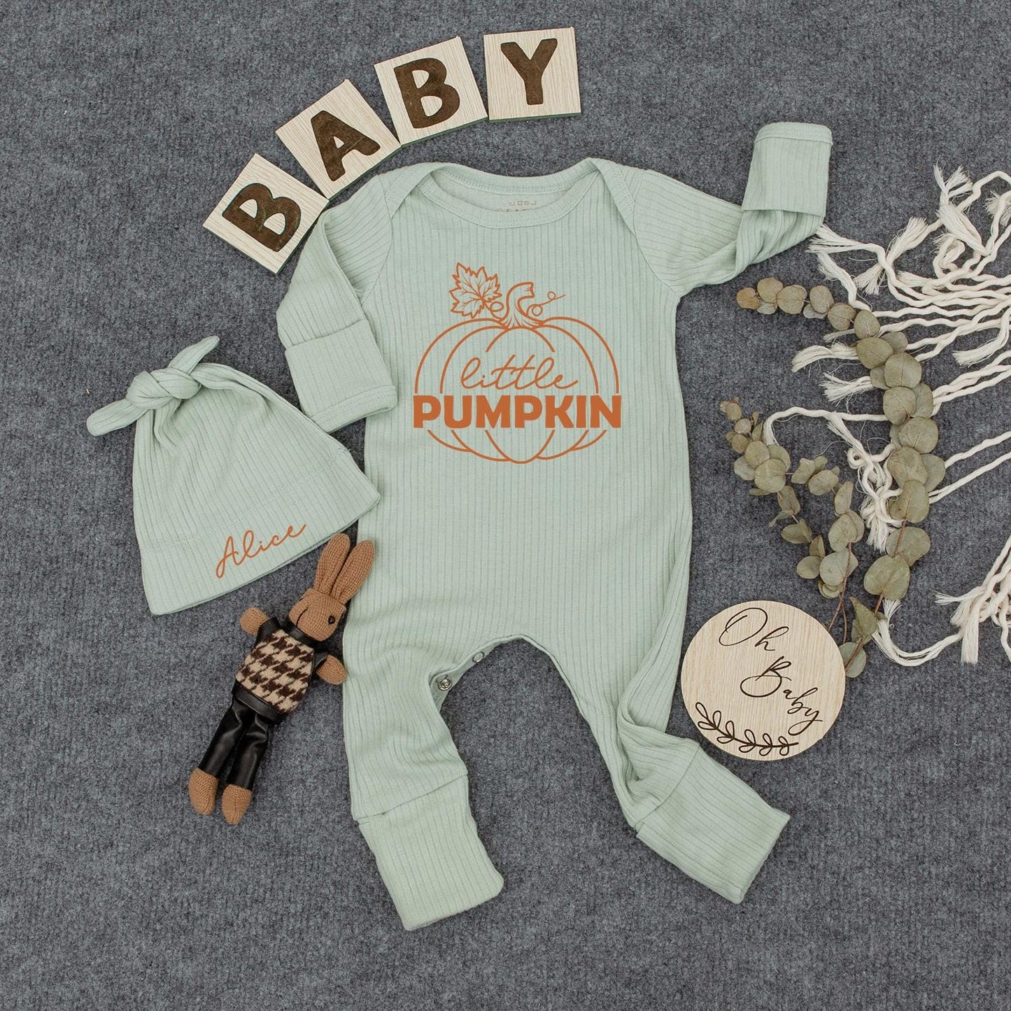 Little Pumpkin Baby Bodysuit and Hat Set Newborn Baby Shower Gift Coming Home Long Sleeve Fall Outfit Alice Name