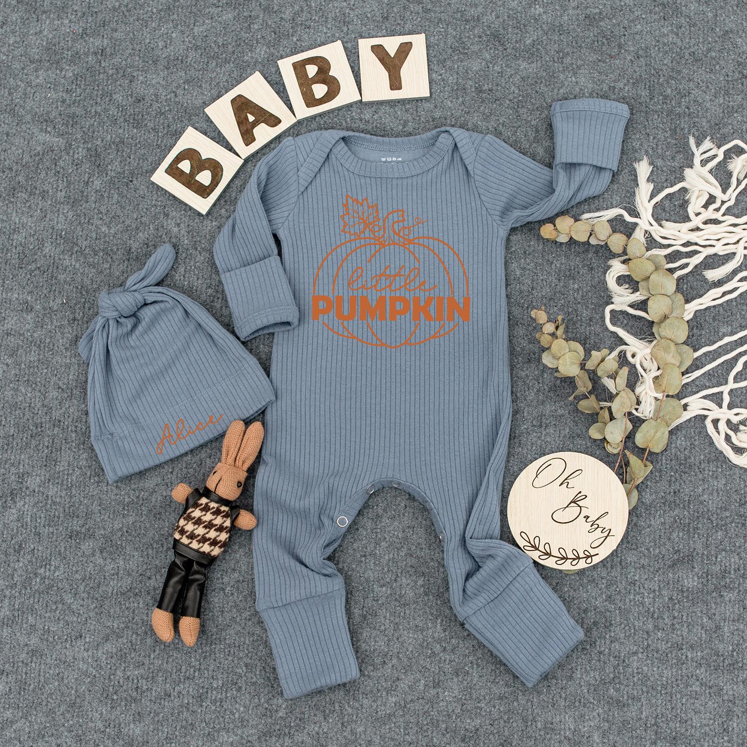 Little Pumpkin Baby Bodysuit and Hat Set Newborn Baby Shower Gift Coming Home Long Sleeve Fall Outfit Alice Name