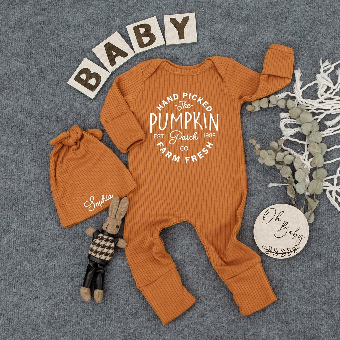 Hand Picked Pumpkin Patch Baby Bodysuit & Hat Set Vintage Farm Fresh CO EST 1989 Fall Baby Shower Gift Coming Home Outfit Long Sleeve