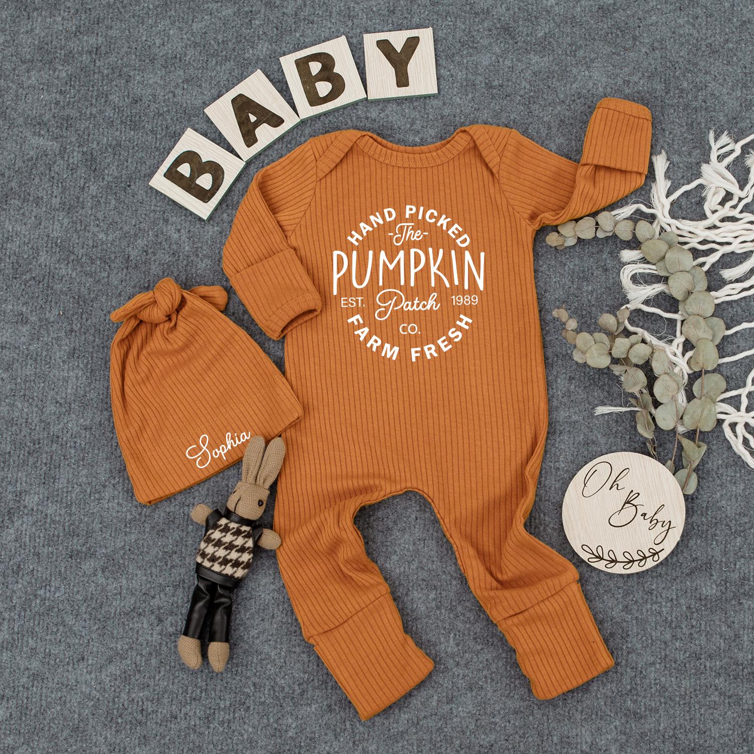 Hand Picked Pumpkin Patch Baby Bodysuit & Hat Set Vintage Farm Fresh CO EST 1989 Fall Baby Shower Gift Coming Home Outfit Long Sleeve