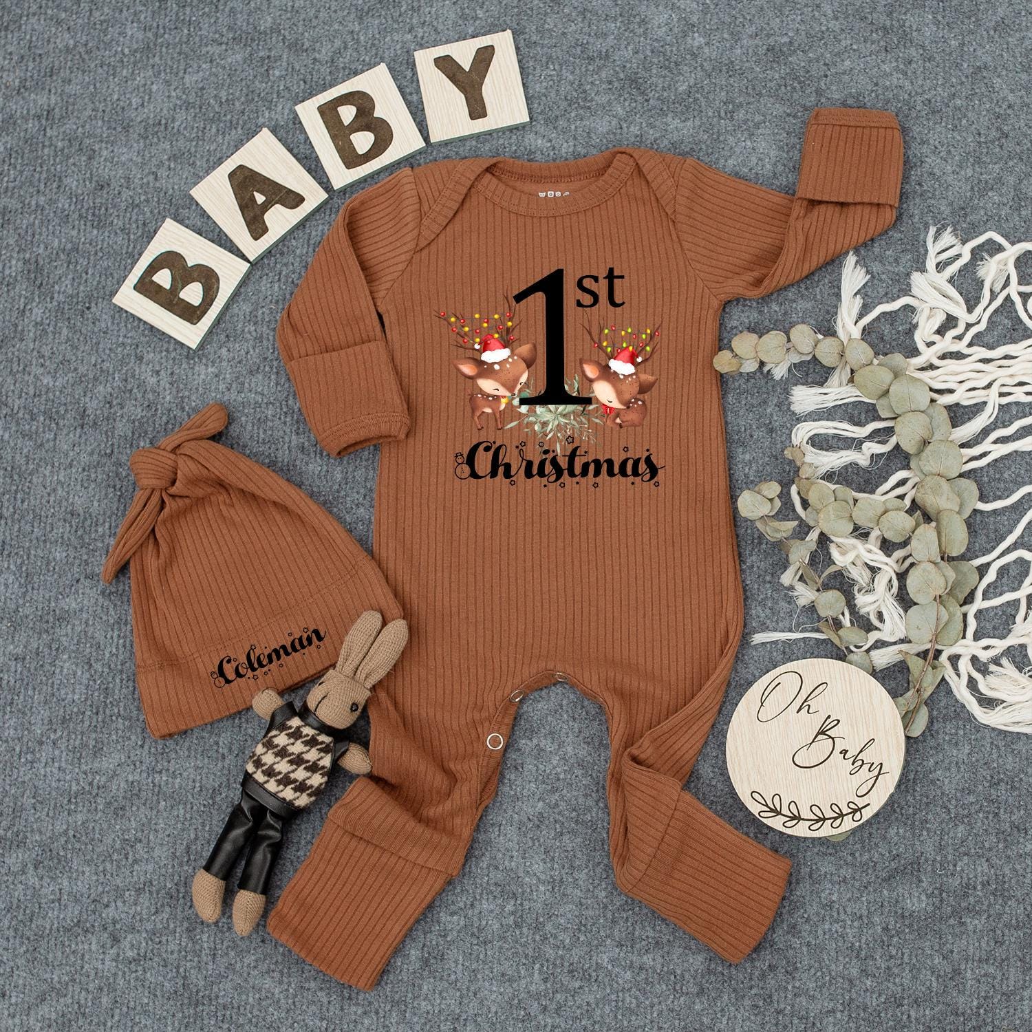 1st Christmas Baby Outfit - Cute Reindeer Bodysuit & Hat Set, Black Block & Script Design, Baby Girl/Boy First Xmas Gift, Newborn