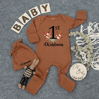 1st Christmas Baby Outfit - Cute Reindeer Bodysuit & Hat Set, Black Block & Script Design, Baby Girl/Boy First Xmas Gift, Newborn