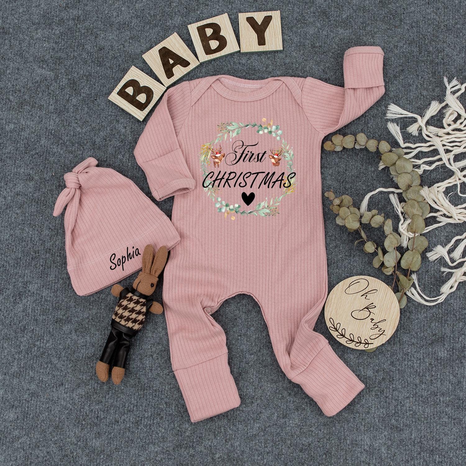 Custom My First Christmas Baby Bodysuit and Hat with Sweet Floral Wreath Deer Design Newborn Jumpsuit Baby Shower Gift Coming Home Outfit