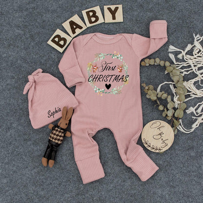 Custom My First Christmas Baby Bodysuit and Hat with Sweet Floral Wreath Deer Design Newborn Jumpsuit Baby Shower Gift Coming Home Outfit