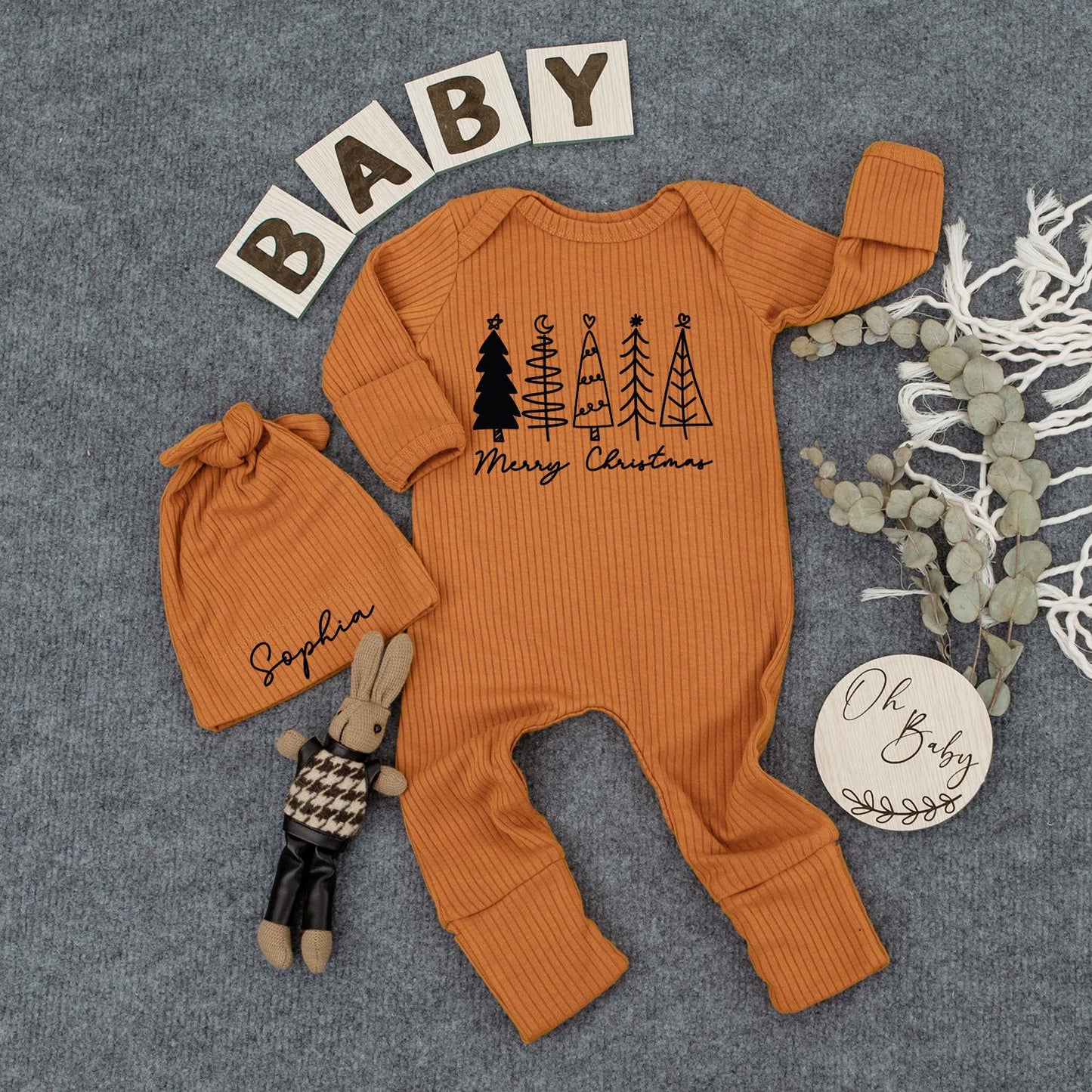Merry Christmas Baby Bodysuit Hat Set Whimsical Black Trees Script "Merry Christmas" Newborn Infant Holiday Gift Coming Home Outfit 1st Christmas Announcement