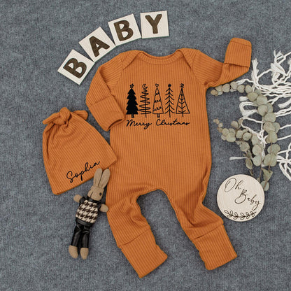 Merry Christmas Baby Bodysuit Hat Set Whimsical Black Trees Script "Merry Christmas" Newborn Infant Holiday Gift Coming Home Outfit 1st Christmas Announcement