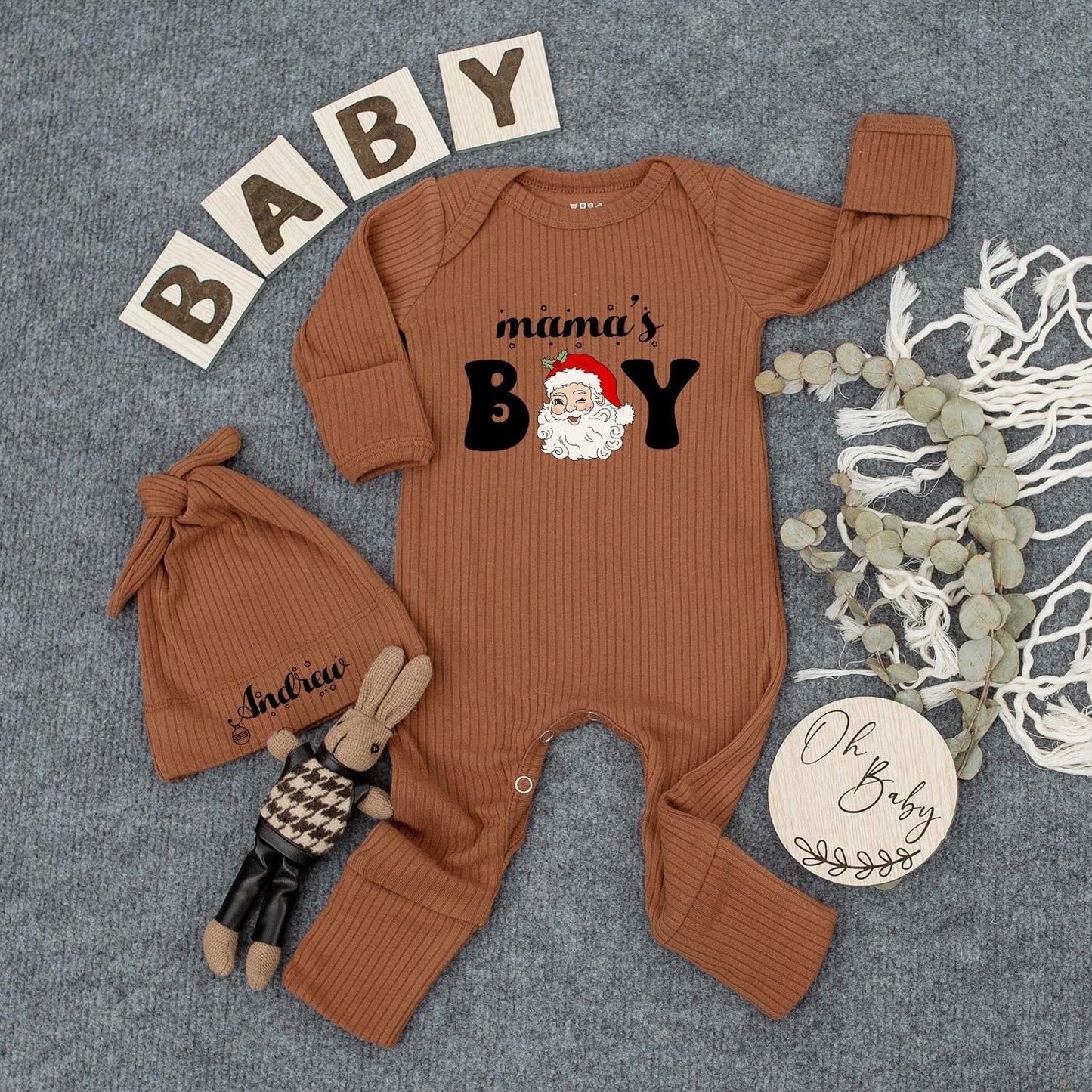 Mama's Boy Christmas Baby Bodysuit, Santa Claus Newborn Jumpsuit, Baby Shower Gift, 1st Xmas Outfit, Cursive & Block Font Design