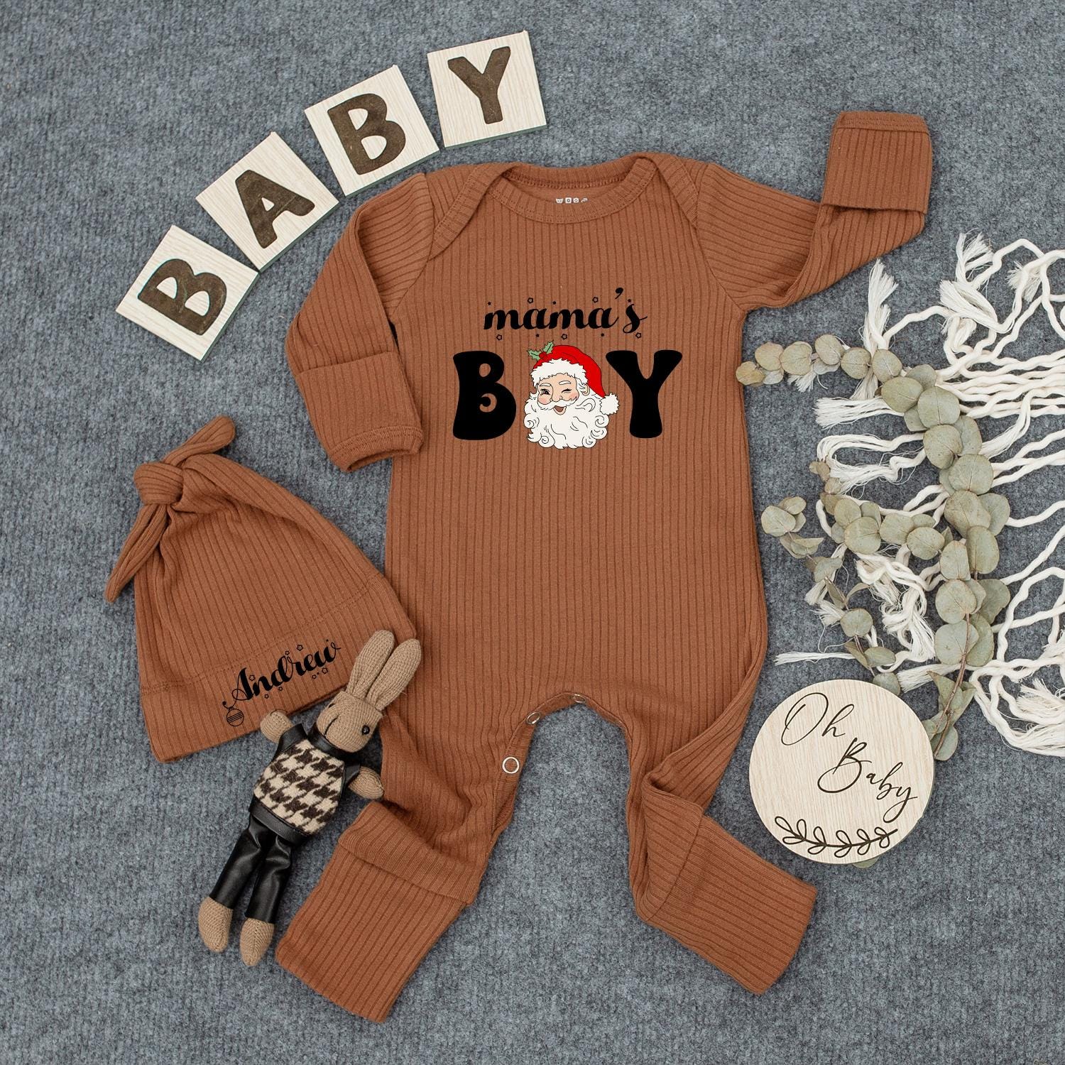 Mama's Boy Christmas Baby Bodysuit, Santa Claus Newborn Jumpsuit, Baby Shower Gift, 1st Xmas Outfit, Cursive & Block Font Design
