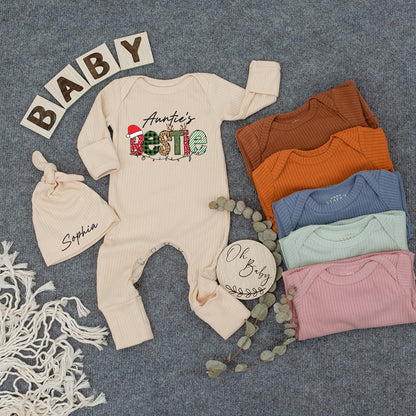 Auntie's Bestie Christmas Bodysuit & Hat Set, Santa, Newborn Outfit, Holiday Baby, Cute 1st Xmas Gift, Long Sleeve Romper, Aunt Niece Outfit  (139 chars)
