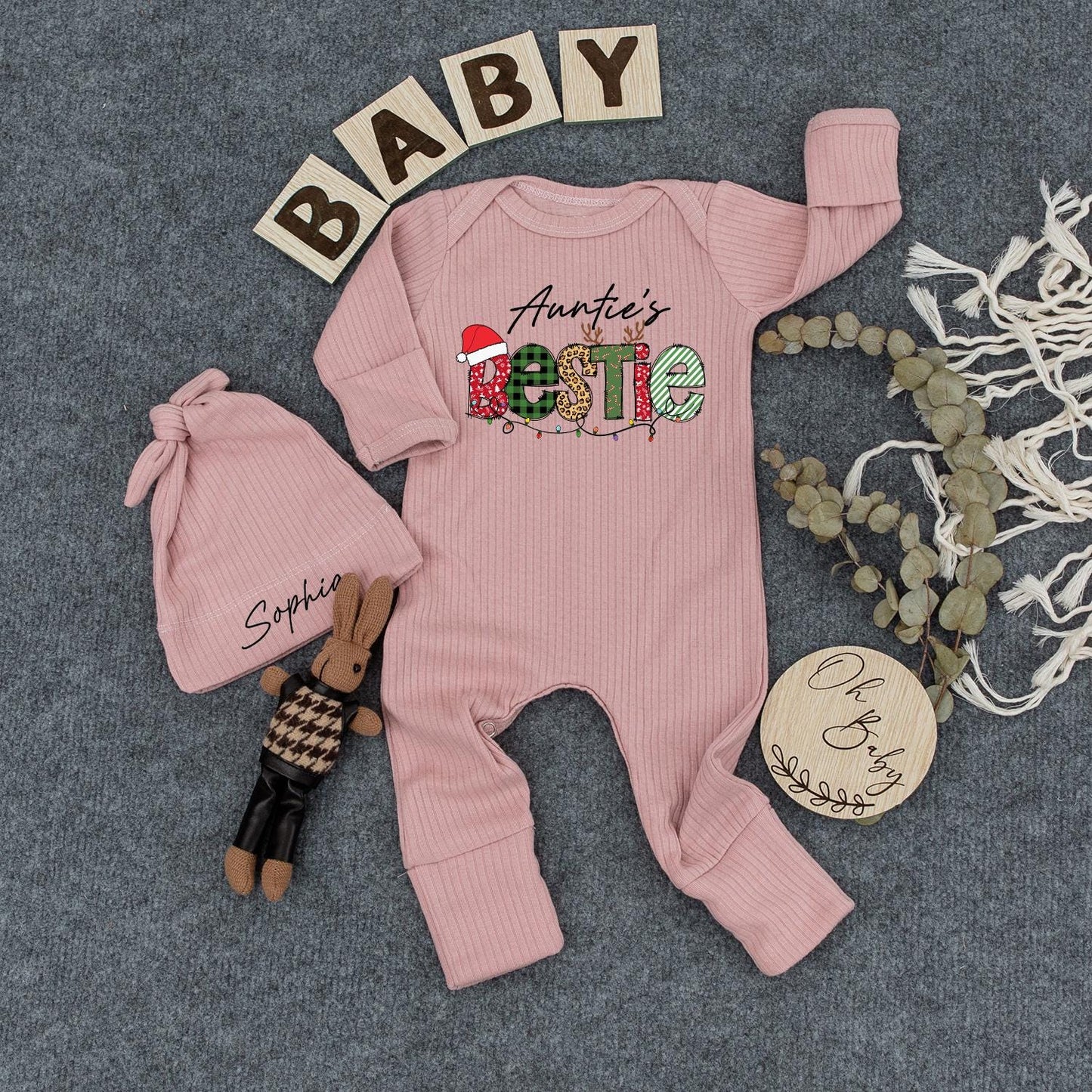 Auntie's Bestie Christmas Bodysuit & Hat Set, Santa, Newborn Outfit, Holiday Baby, Cute 1st Xmas Gift, Long Sleeve Romper, Aunt Niece Outfit  (139 chars)