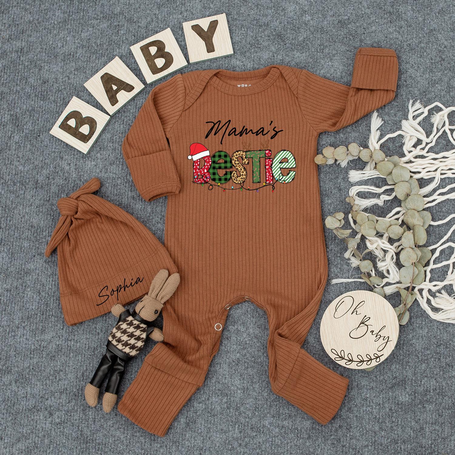 Mama's Bestie Christmas Bodysuit & Hat Set Newborn Baby Girl Boy Outfit Festive Santa Holiday Jumpsuit Coming Home Gift First Christmas