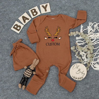 Custom Name Christmas Reindeer Face Baby Bodysuit & Hat Set, Newborn Gift, 1st Christmas Outfit, Red Nose, Brown Antlers