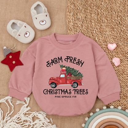 Farm Fresh Christmas Tree Truck Baby Romper First Holiday Festive Outfit Vintage Design Christmas Trees Pine Spruce Fir Santa Baby Gift