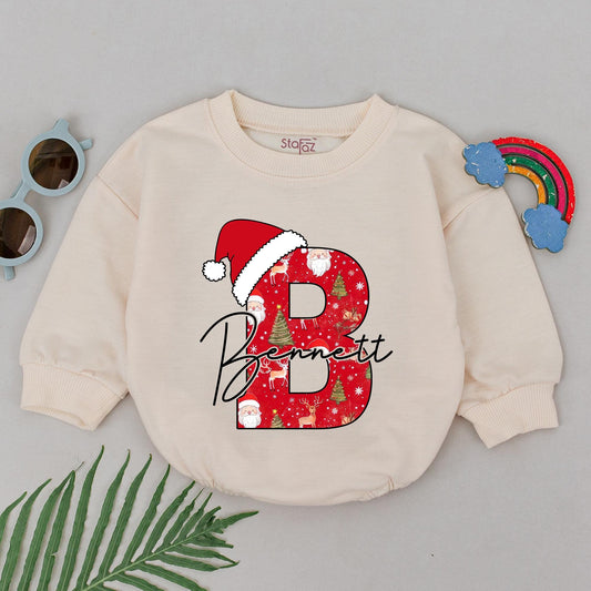 Festive "B" for Bennett Baby Romper Red Santa Hat Christmas Outfit 1st Birthday Gift Newborn Boy Girl