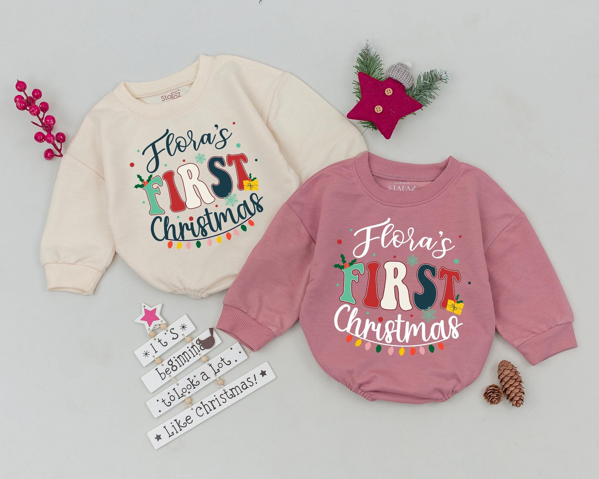 Custom Name Baby's First Christmas Romper – Retro Holiday Bodysuit
