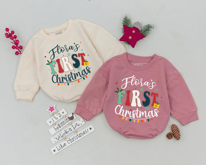 Custom Name Baby's First Christmas Romper – Retro Holiday Bodysuit