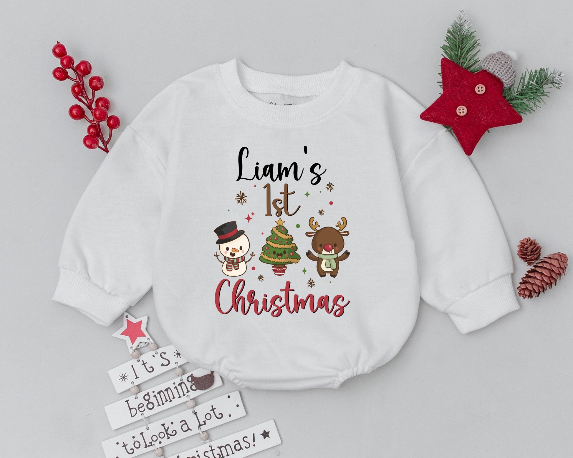 Custom Name Baby Christmas Romper - Cute Reindeer First Xmas Outfit