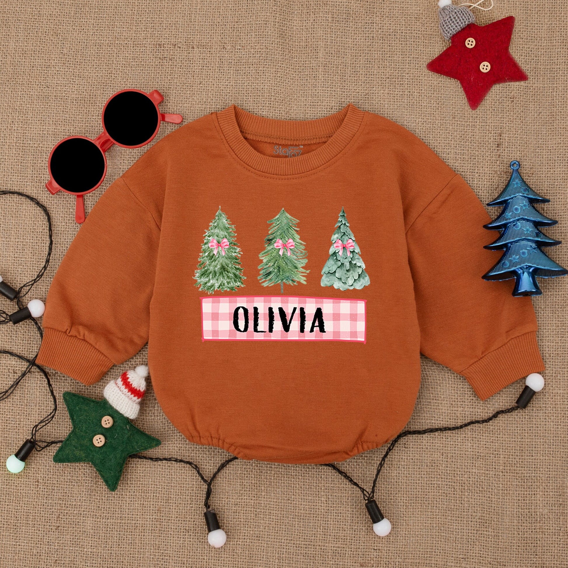 Cute Christmas Trees Romper Baby Outfit Personalized Name Pink Bow Gingham Banner Toddler First Christmas Clothes Cozy Holiday Gift