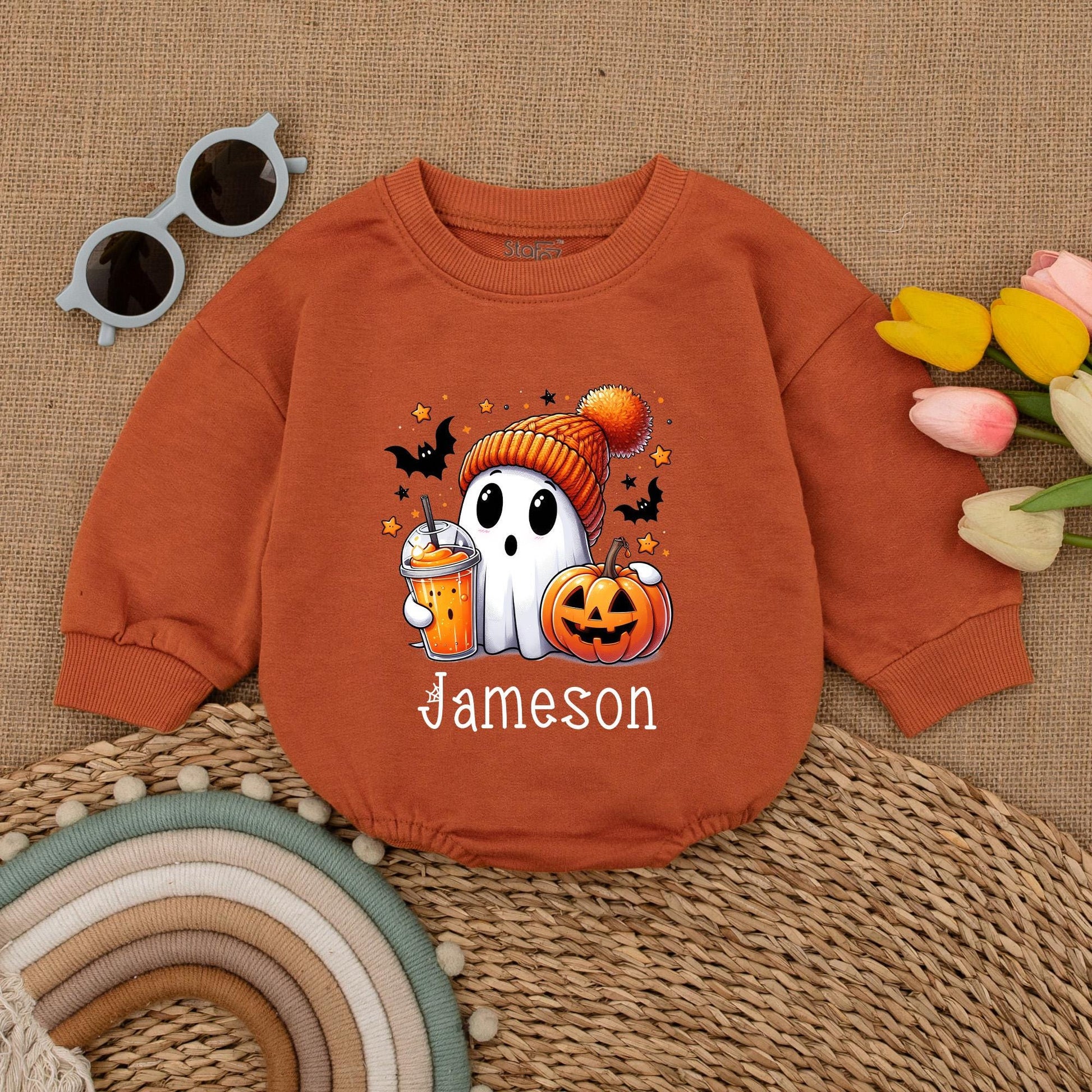 Custom Jameson Ghost Baby Romper Halloween Costume Infant Boy Girl Fall Outfit Cute Jack-o-Lantern & Bats Baby Clothes