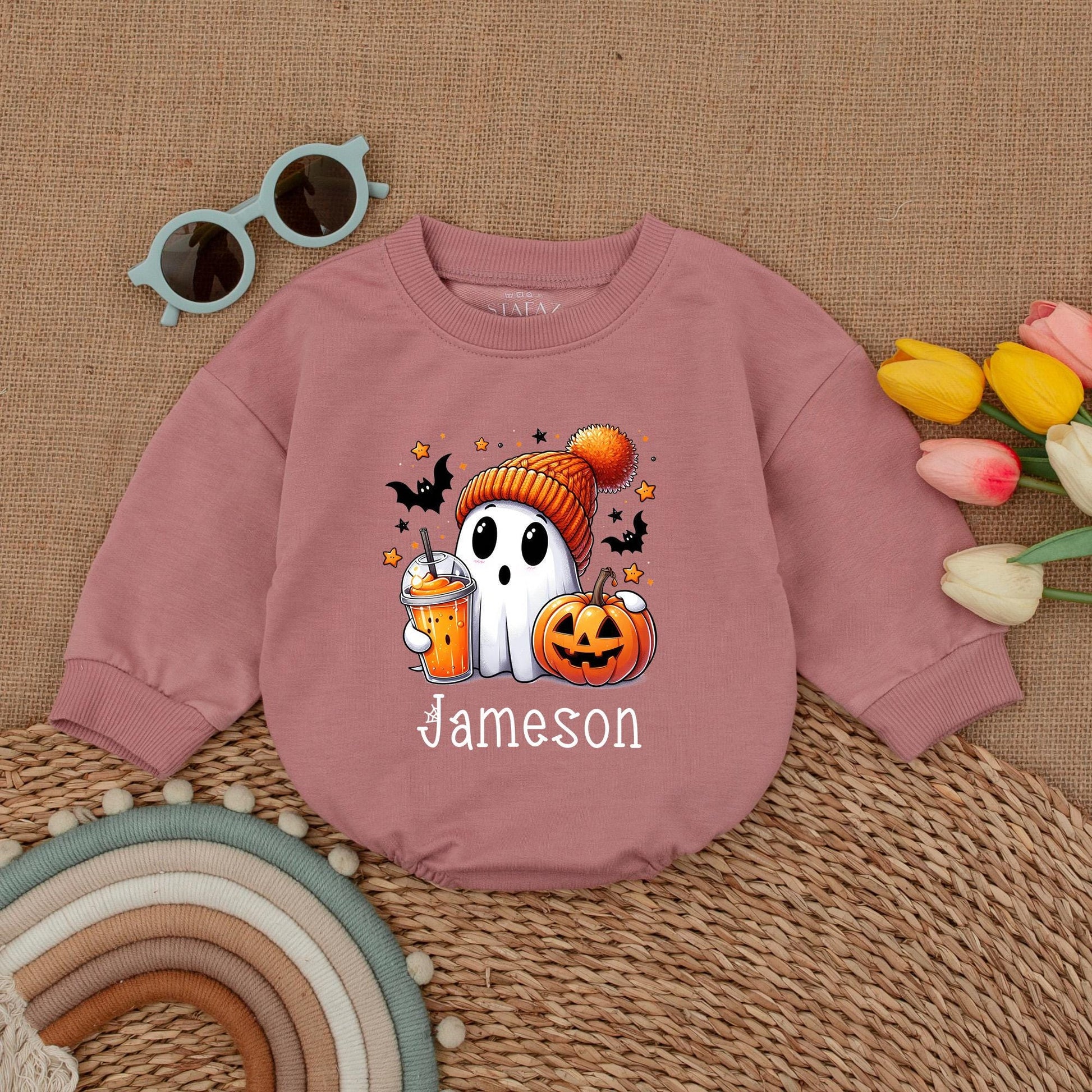 Custom Jameson Ghost Baby Romper Halloween Costume Infant Boy Girl Fall Outfit Cute Jack-o-Lantern & Bats Baby Clothes