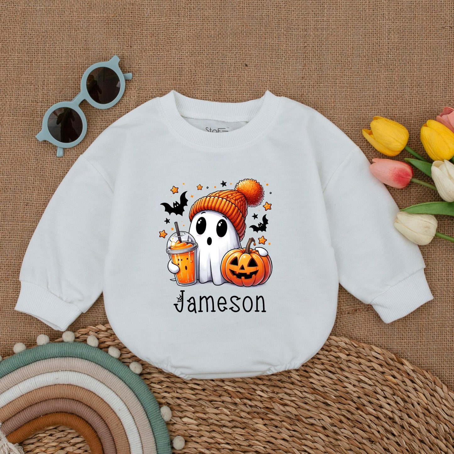 Custom Jameson Ghost Baby Romper Halloween Costume Infant Boy Girl Fall Outfit Cute Jack-o-Lantern & Bats Baby Clothes