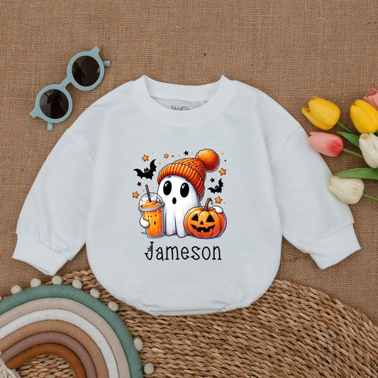 Custom Jameson Ghost Baby Romper Halloween Costume Infant Boy Girl Fall Outfit Cute Jack-o-Lantern & Bats Baby Clothes