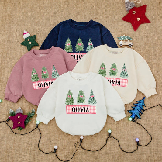 Cute Christmas Trees Romper Baby Outfit Personalized Name Pink Bow Gingham Banner Toddler First Christmas Clothes Cozy Holiday Gift