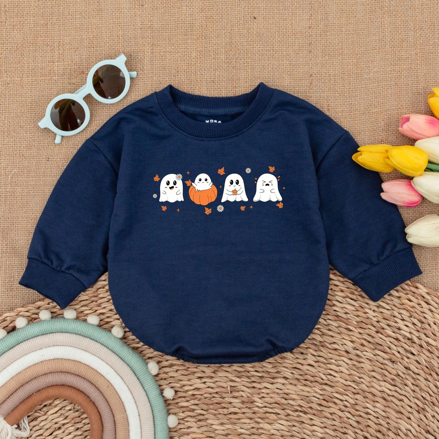 Cute Ghost & Pumpkin Halloween Baby Romper Outfit Newborn First Costume Fall Clothes Adorable White Orange Black Playful Bodysuit