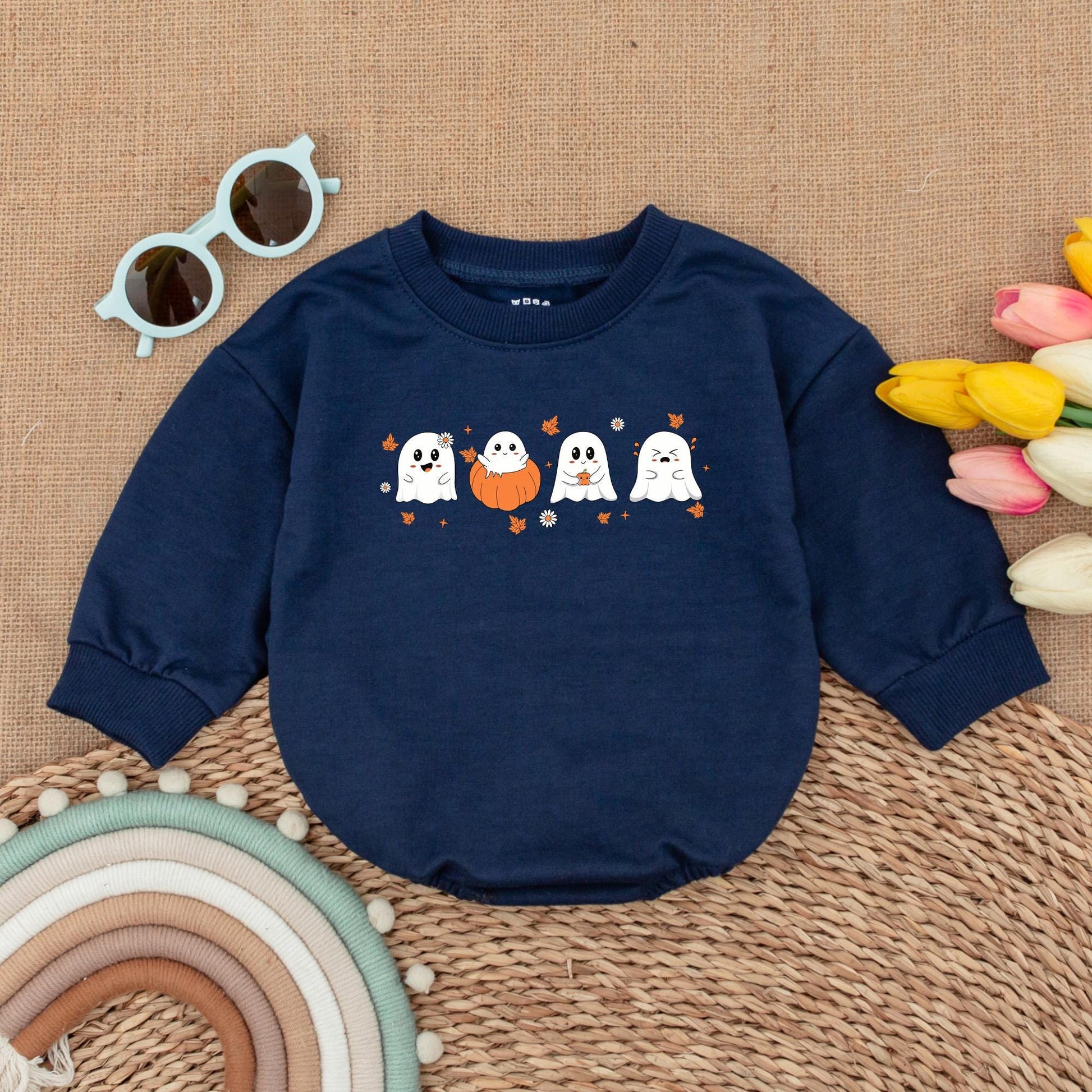 Cute Ghost & Pumpkin Halloween Baby Romper Outfit Newborn First Costume Fall Clothes Adorable White Orange Black Playful Bodysuit