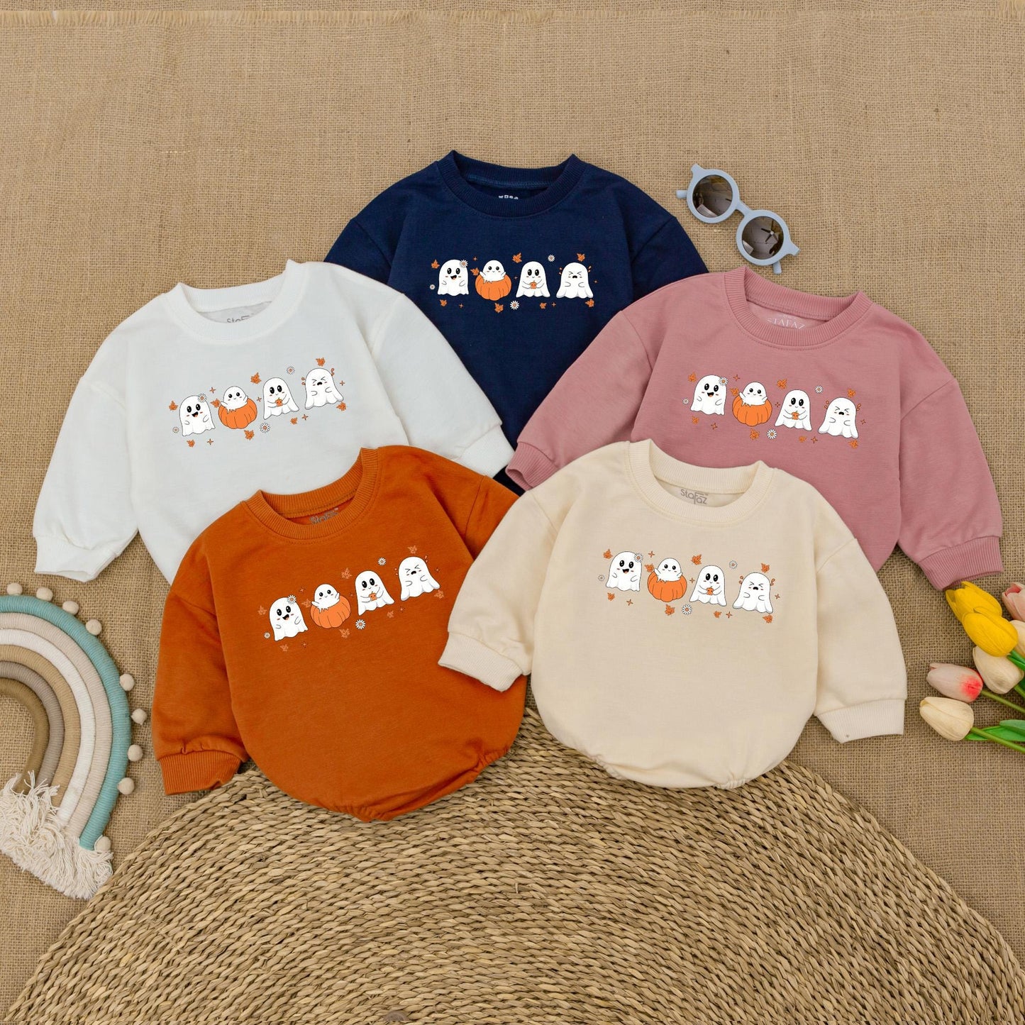 Cute Ghost & Pumpkin Halloween Baby Romper Outfit Newborn First Costume Fall Clothes Adorable White Orange Black Playful Bodysuit