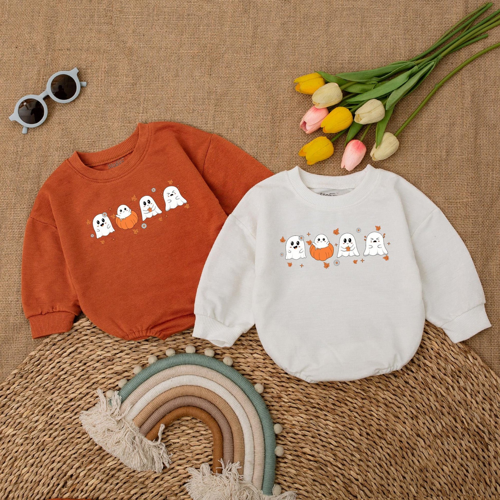 Cute Ghost & Pumpkin Halloween Baby Romper Outfit Newborn First Costume Fall Clothes Adorable White Orange Black Playful Bodysuit