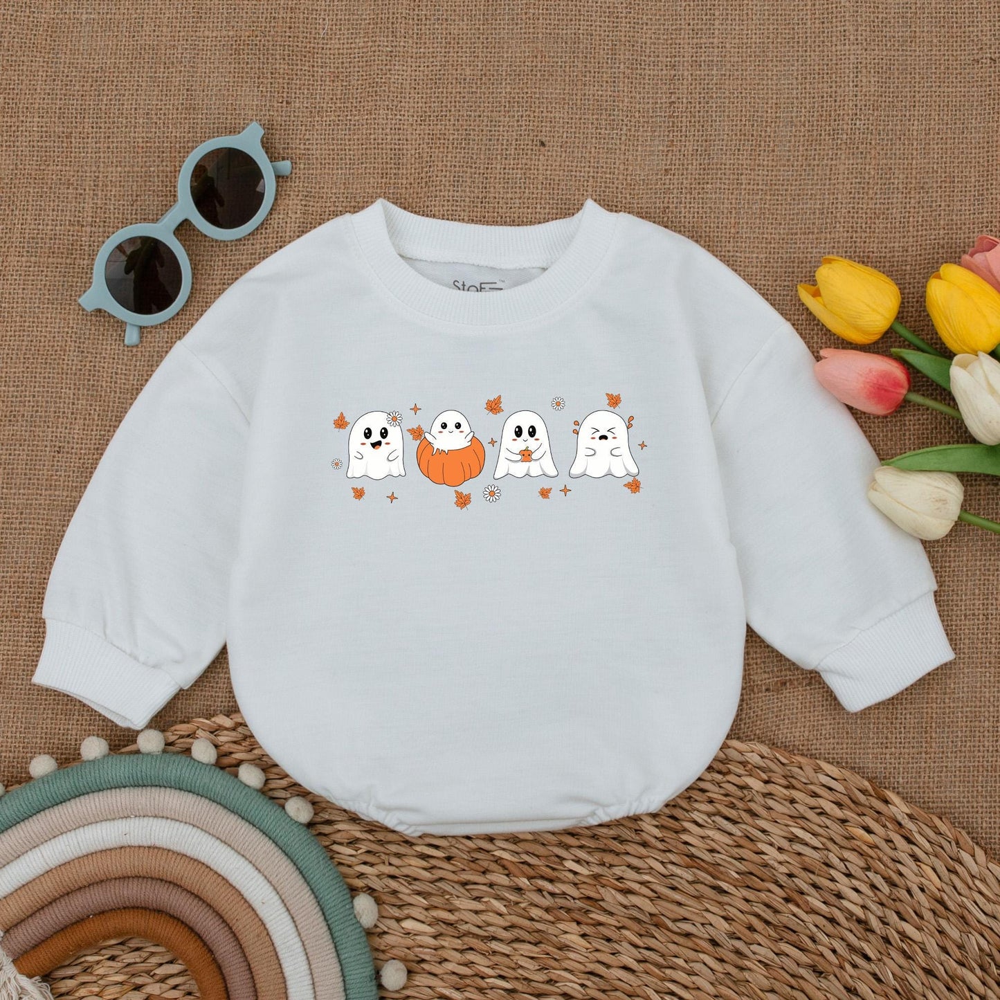 Cute Ghost & Pumpkin Halloween Baby Romper Outfit Newborn First Costume Fall Clothes Adorable White Orange Black Playful Bodysuit